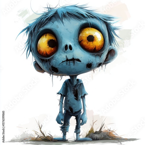 Cute cartoon zombie with blue eyes, halloween 2d illustration. Zombie Isolated on white. Zombie 2d illustration with clipping path. Halloween. Halloween Concept Cut-out Sticker.