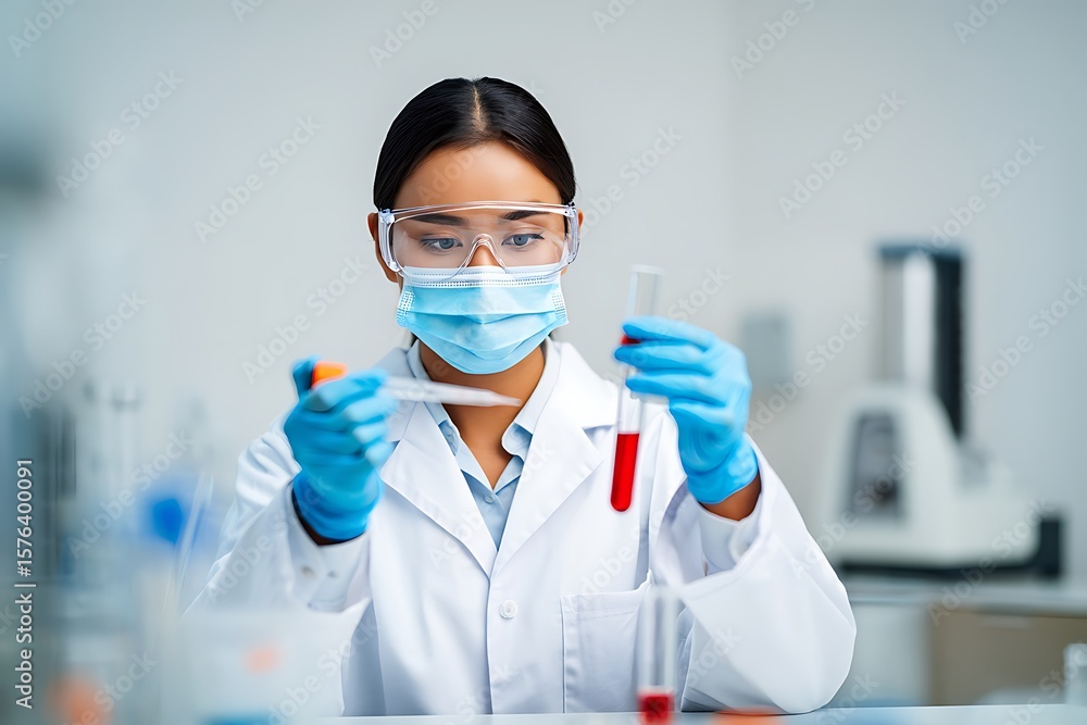 Asian Female Scientist in Laboratory – Researcher in a lab coat and safety glasses analyzing a blood sample in a test tube. Medical and scientific research concept. Asian Female Scientist in Laboratory – Researcher in a lab coat and safety glasses analyzing a blood sample in a test tube. Medical and scientific research concept.