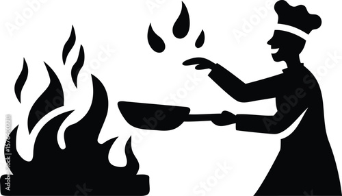 Silhouette Chef Cooking Over Flame with Frying Pan and Fire
