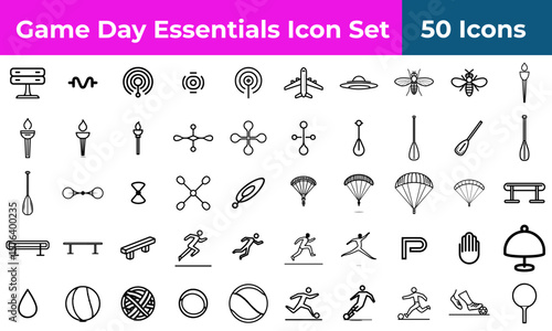 Collection of fifty game day essentials icons including sports and travel related vector illustrations