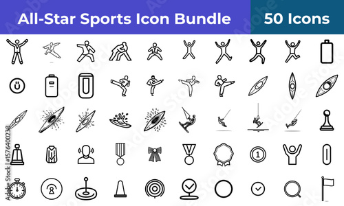 All star sports icon bundle featuring diverse activities and symbols in a minimalist black and white style
