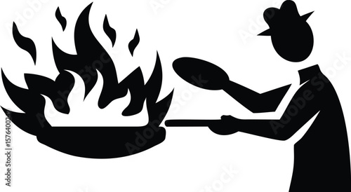 Silhouette Chef Cooking with Frying Pan and Open Flame