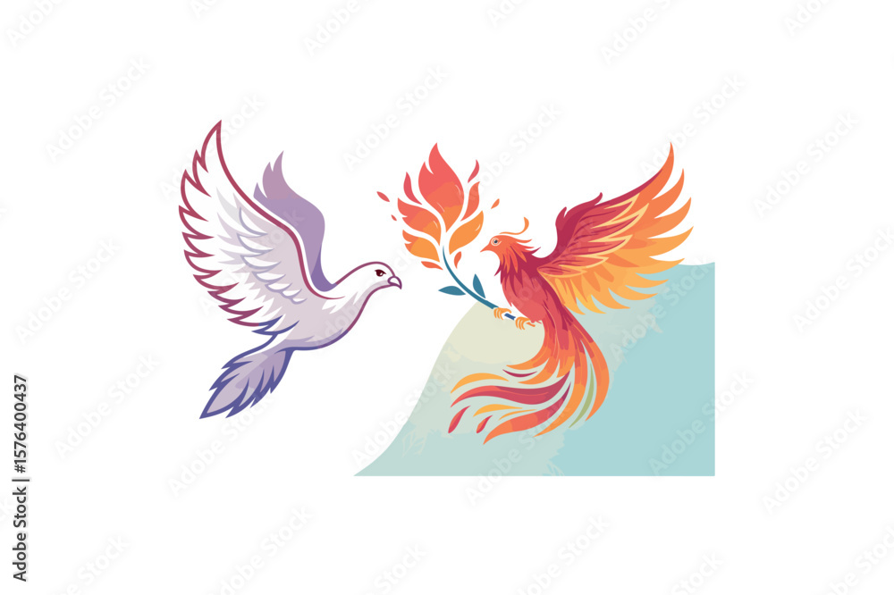 Obraz premium Dove Gradient Fire Phoenix Bird logo Vector On White Background.02