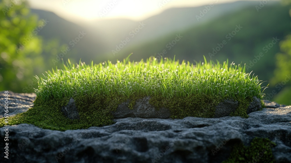 Fototapeta premium Fresh grass patch on a mossy rock, sunlight