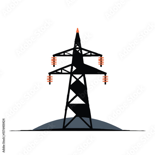 Stylized illustration of a black electricity pylon with orange insulators against a clean white background