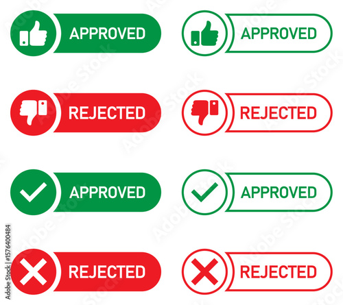 Set of approved and rejected labels with thumbs, check, and cross icons in filled and outlined style. Approved and rejected icons set in green and red color. Vector illustration. Flat design.