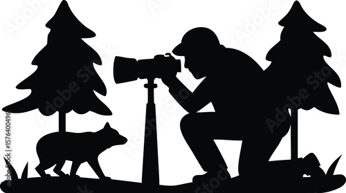 Wildlife Photographer Silhouette Capturing Animal in Forest