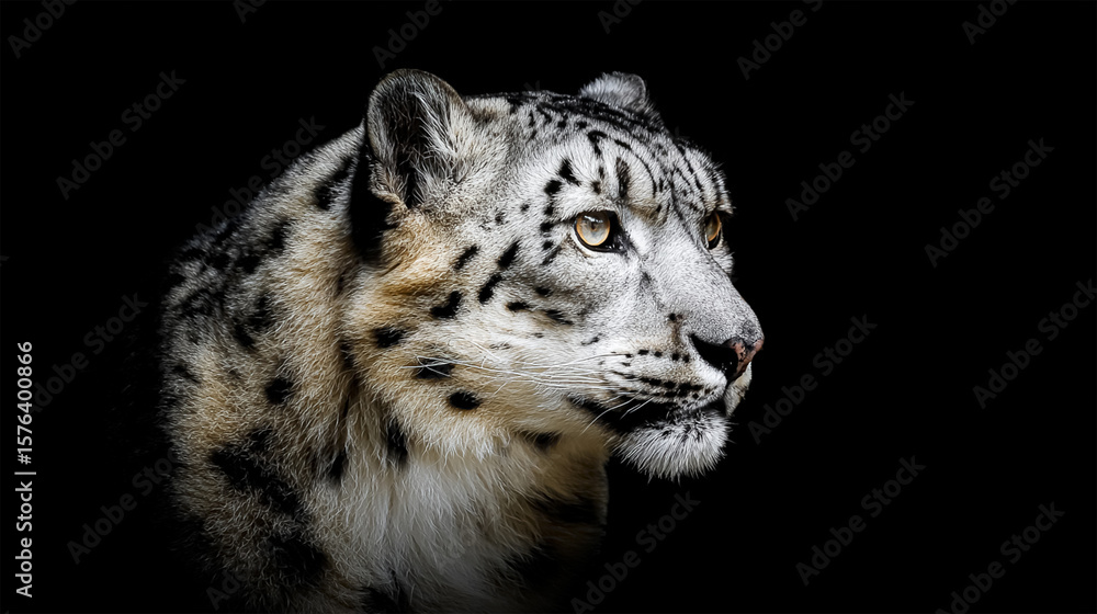 Naklejka premium snow leopard gray cat on black background portrait
