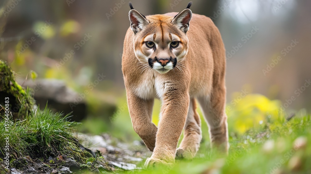 Fototapeta premium Cougar walking through a grassy area.