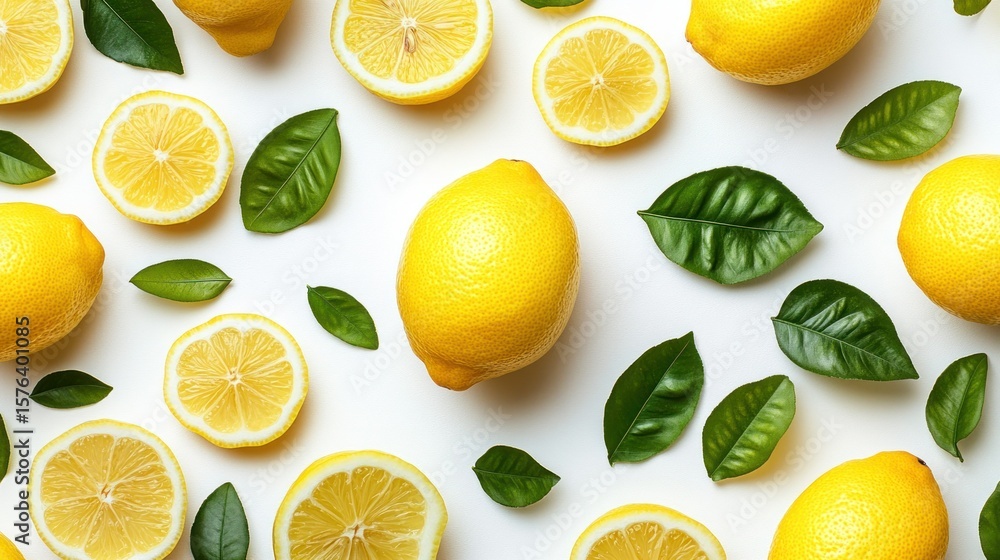 Fototapeta premium Fresh lemons and leaves arranged on white