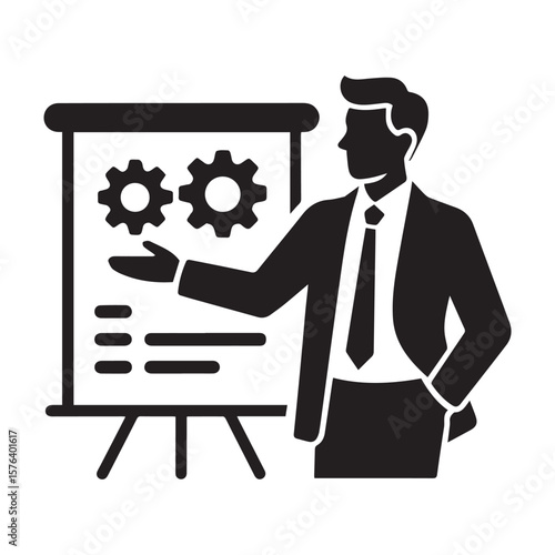 Business professional presenting a strategy with gears and bullet points on a flip chart easel