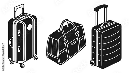 "Minimal black silhouette travel icons: hand luggage, travel bag, suitcase with handle, cabin baggage, sleek flat design, isolated"