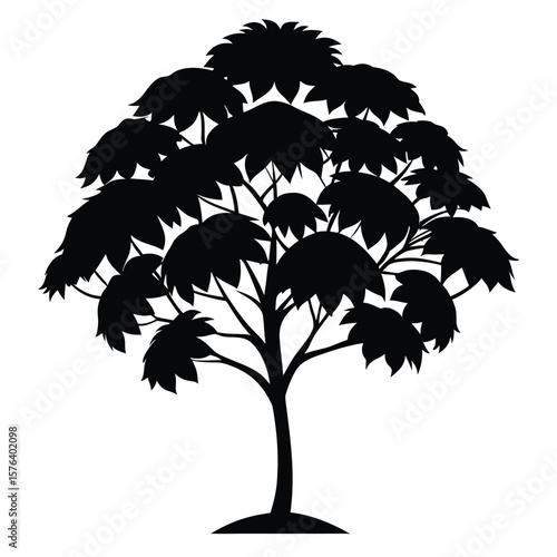 Black silhouette of a stylized tree with broad leaves and branching limbs white