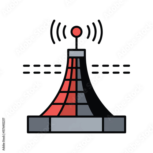 Modern communication tower with radiating signal waves and abstract horizontal lines suggesting data transmission