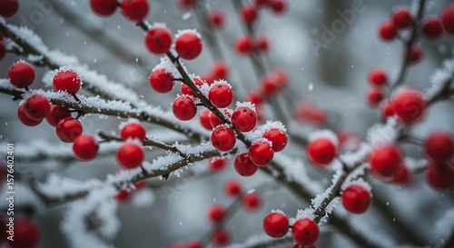 Red berries covered in snow on branches, close-up winter scene.