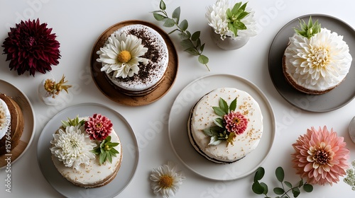 Assorted Floral Topped Cakes on Wooden and Ceramic Plates with Fresh Flowers and Greenery