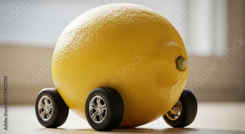 Creative concept of a lemon transformed into a quirky car with four black wheels. A humorous visual pun representing the term 