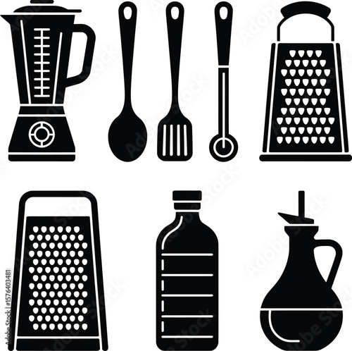 Kitchen utensils and appliances icons including blender graters and serving tools vector set