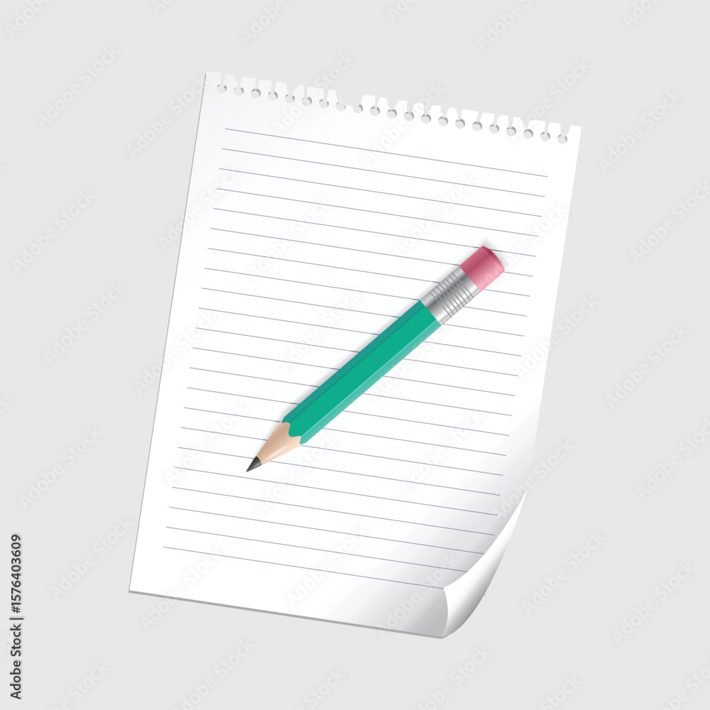 White sheet of paper with a realistic pencil, sheet of paper for your records White sheet of paper with a realistic pencil, sheet of paper for your records