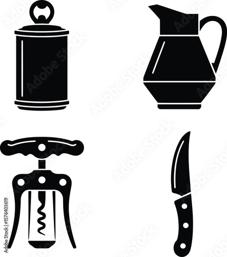 Kitchen tools icons including bottle opener pitcher corkscrew and knife vector series