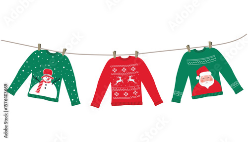 Ugly Sweaters Hanging on Clothesline. Red, Green Christmas Sweaters with Deer, Snowman, Santa Claus. Ugly Sweaters Party Template. Vector illustration on White Background
