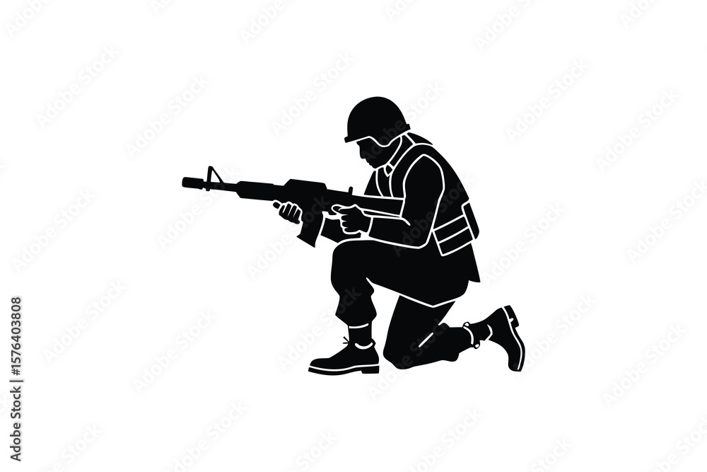 Soldier Kneeling and Aiming Rifle Military Operation Combat Training Black and White Graphic Isolated on White Background Silhouette Soldier Kneeling and Aiming Rifle Military Operation Combat Training Black and White Graphic Isolated on White Background Silhouette