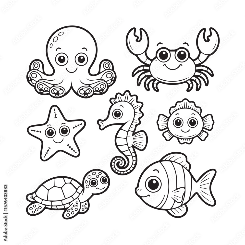 Fototapeta premium Collection of cute cartoon black and white sea creatures including octopus crab starfish seahorse clownfish turtle and fish