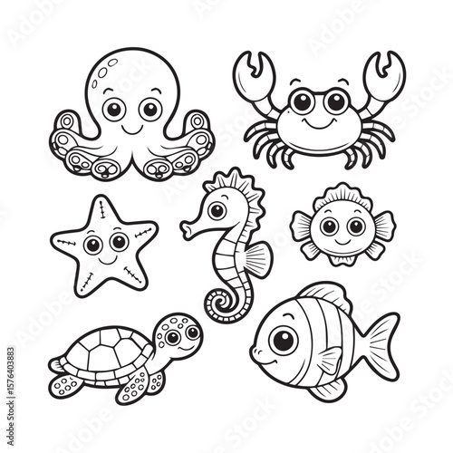 Collection of cute cartoon black and white sea creatures including octopus crab starfish seahorse clownfish turtle and fish