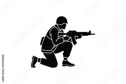 Soldier Kneeling with Rifle Aiming Forward Depicted in a Bold Black Silhouette Style on a White Background silhouette