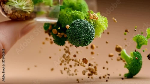 Creative concept of a transparent supplement vitamine capsule exploding with fresh broccoli and grains, symbolizing the blend of natural health and modern nutrition in a pharmaceutical form