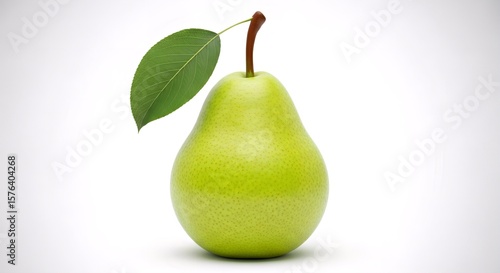 Single green pear with a leaf on a white background, showcasing its freshness and simplicity as a natural, healthy, and delicious fruit.
