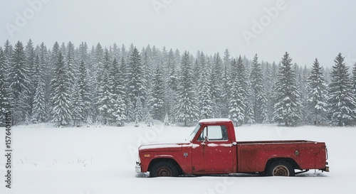 Red vintage truck parked in a snowy field with a backdrop of evergreen trees during a snowstorm.