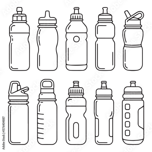 Collection of ten different black and white outline illustrations of sports water bottles with various cap designs and body shapes