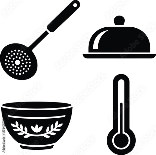 Unique Essential Kitchen Utensils Collection Including Skimmer Serving Dish Bowl and Thermometer