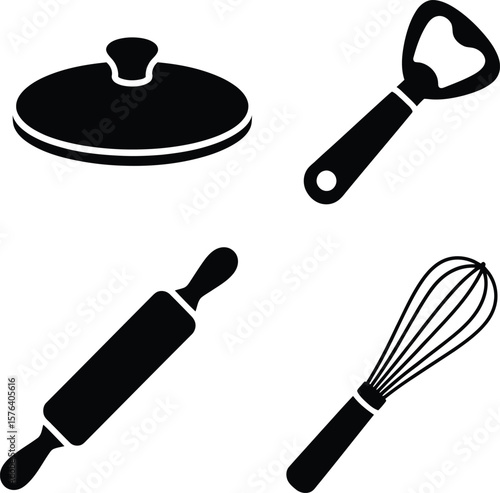 Essential Kitchen Utensils Collection Including Pot Lid Bottle Opener Rolling Pin and Whisk