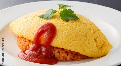 Delicious omurice dish with ketchup and parsley on a white plate, photo