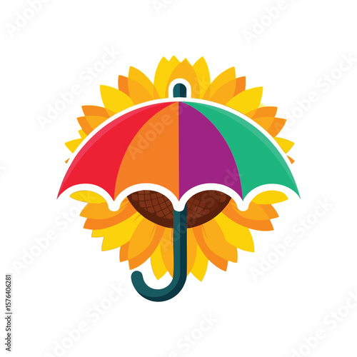 Vibrant Umbrella with Sunflower Bloom. This cheerful emblem displays a bright parasol protecting a lovely blossom, conveying optimism and a delightful outlook.