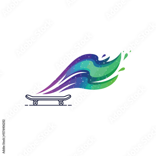 Skateboard with Vibrant Energy Flow. Modern board design featuring an intense aurora-like plume. This abstract visual represents speed, freedom, and imaginative journeys.