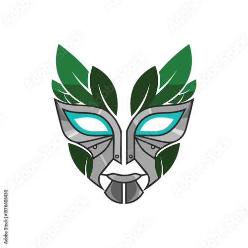 Nature Tech Guardian Face. A dynamic symbol blending organic foliage with synthetic features. It embodies environmental protection and futuristic innovation.