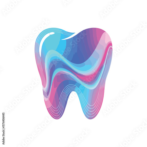 Vibrant Tooth Design. Dynamic dental artwork features a tooth with flowing azure, violet, and rose hues, embodying vitality and contemporary oral care.