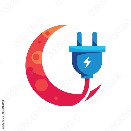 Cosmic Energy Connection. Dynamic illustration portraying a crescent celestial body linked to an electric adapter, signifying eco friendly and natural resource harvesting. Represents green.