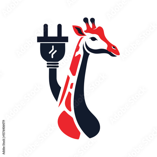 Electric Giraffe Power Connection. A unique illustration featuring an African mammal combined with an electronic connector. Represents sustainable vitality and futuristic innovation.