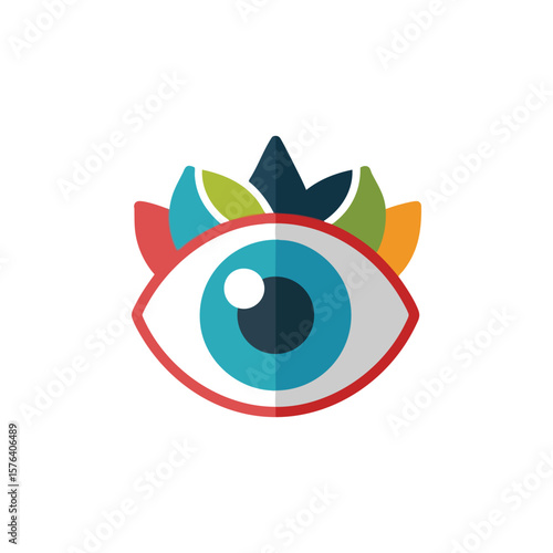 Insightful Vision Emblem. This vibrant artistic portrayal features an ocular icon adorned with colorful shapes. It signifies wisdom, discovery, and inner consciousness.
