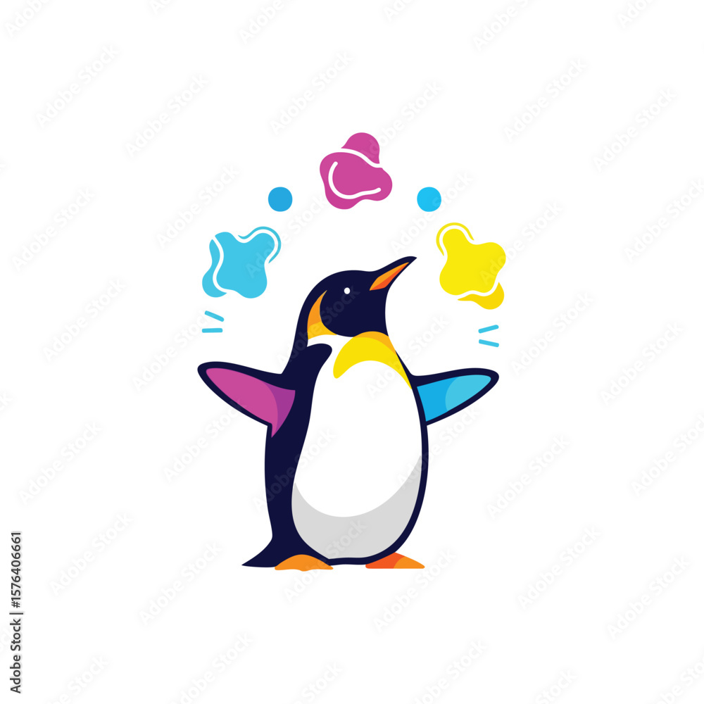Fototapeta premium Vibrant Penguin Juggling Abstract Forms. A cheerful arctic bird balances vivid, irregular elements, representing agility, multitasking, and creative expression. Ideal for themes of entertainment or.