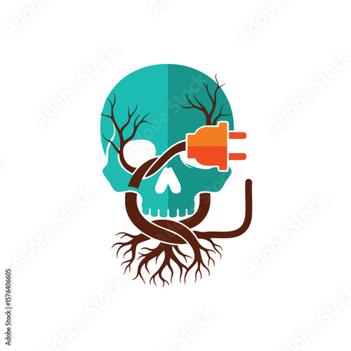 Eco Hazard: Energy and Nature's Plight. Vivid graphic depicting a skull formed by decaying tree elements and a power connector, representing humanity's detrimental impact on Earth. It warns of.