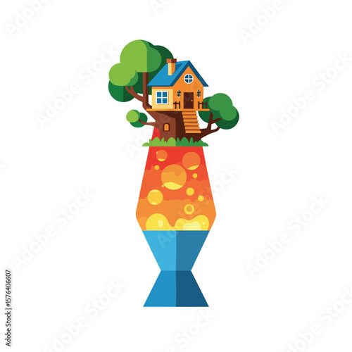 Whimsical Treehouse on Lava Lamp. This playful illustration depicts a cozy elevated dwelling perched atop a glowing liquid illuminator. It evokes feelings of imagination, escapism, and childhood.