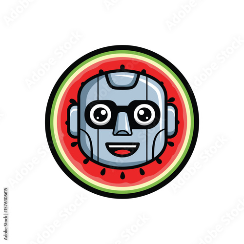 Friendly Robot Watermelon Character. A delightful android head nestled in a fresh fruit slice. This cheerful illustration merges artificial intelligence with natural sweetness, perfect for playful.