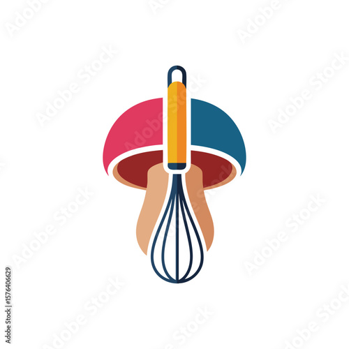 Creative Mushroom Whisk Culinary Art. Abstract graphic combining a natural fungus with a kitchen implement, signifying healthy food preparation. Ideal for restaurant branding or gourmet product.