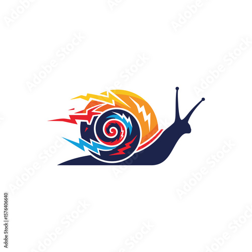 Speedy Snail with Lightning Shell. Vibrant illustration of a quick gastropod featuring a shell adorned with colorful bolts. Symbolizes rapid progress, power, and overcoming conventional slowness.