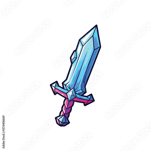 Magic Crystal Sword Icon. Vibrant gemstone blade, an enchanted weapon featuring sharp facets and glowing blue-pink hues. Represents power, adventure, and magical combat, ideal for fantasy game.